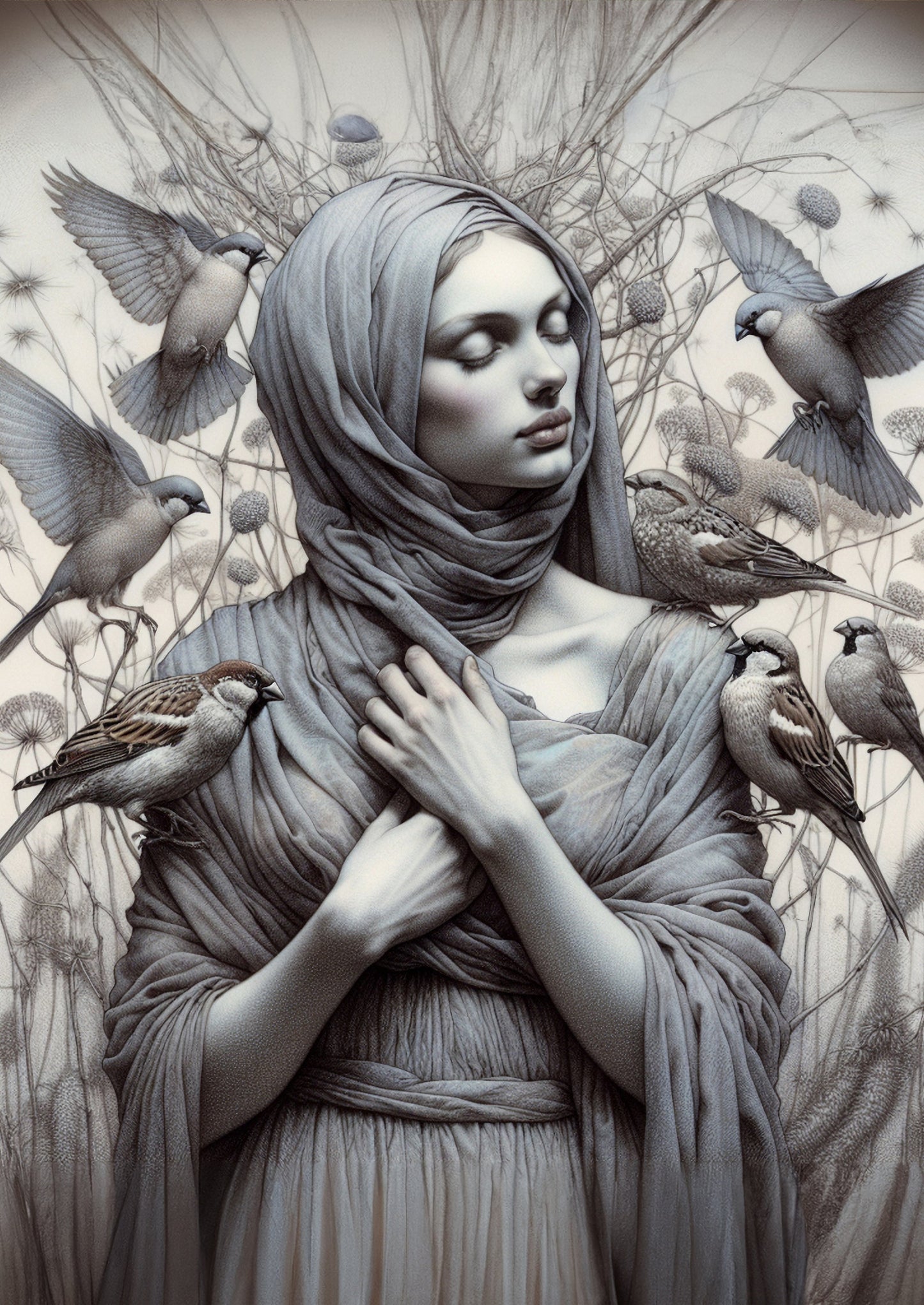 Grey Birds - Mint Decoupage Paper